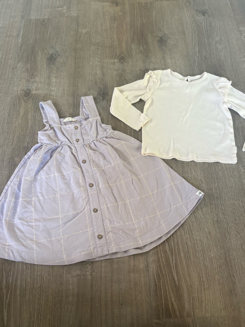 Burt’s Bees. Toddler Lavender Button-Front Dress w/ Cream Ruffle Long Sleeve.